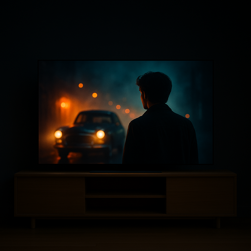 OLED TV in dark room showing perfect blacks and cinematic image