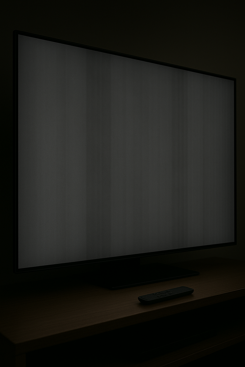 OLED TV showing grey test pattern with banding and dirty screen effect in dark room