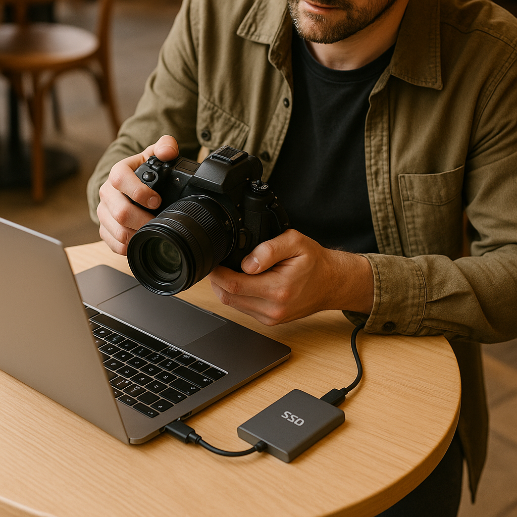 Photographer backing up RAW files to portable SSD while traveling