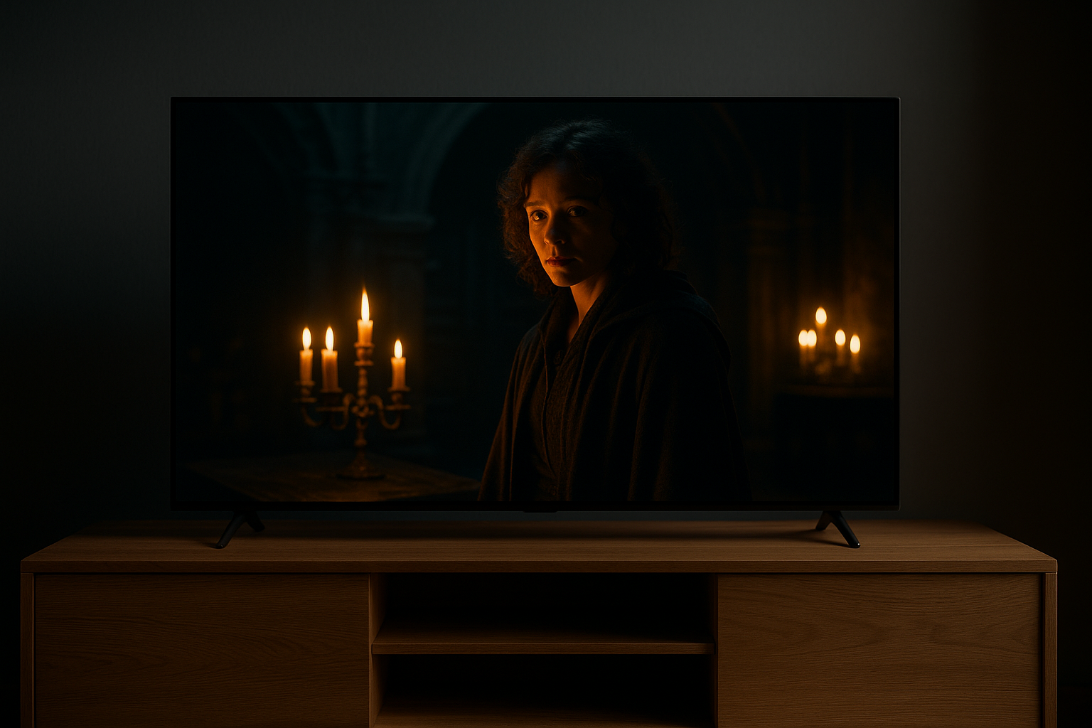 Budget OLED TV 2026 showing HDR movie scene in dark room