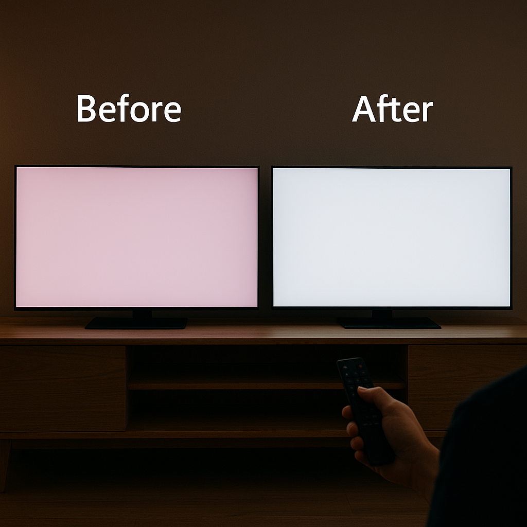 Comparison of OLED TV pink tint issue before and after fix