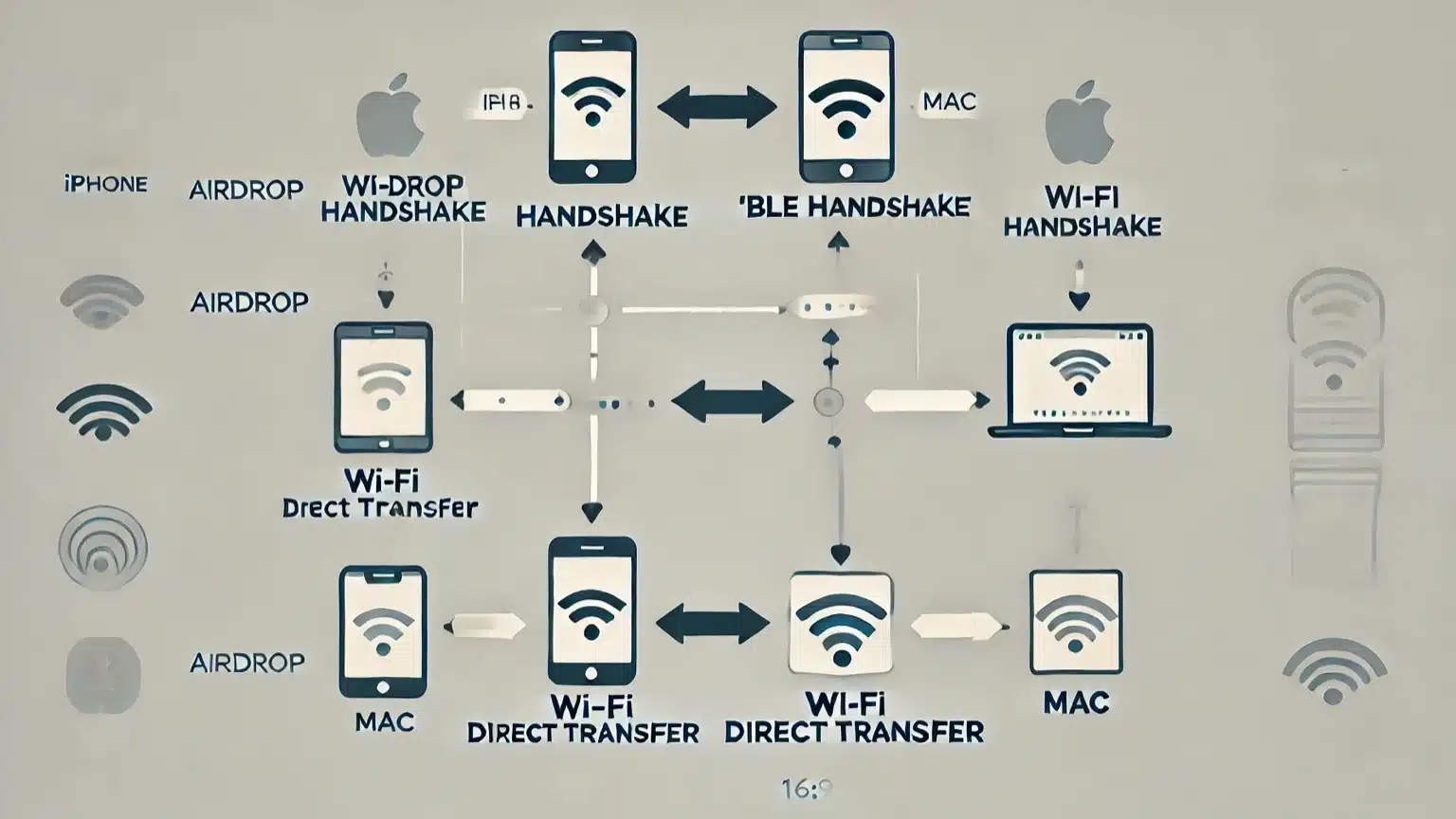 Diagram showing AirDrop BLE discovery and Wi-Fi Direct transfer flow.