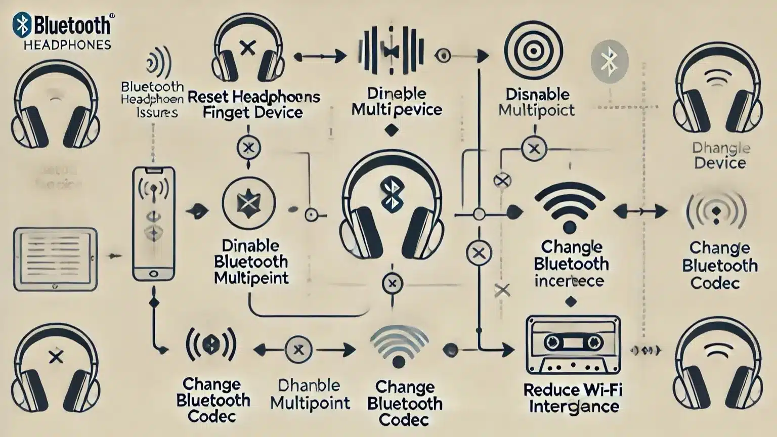 Diagram showing workflow for fixing Bluetooth headphones disconnecting