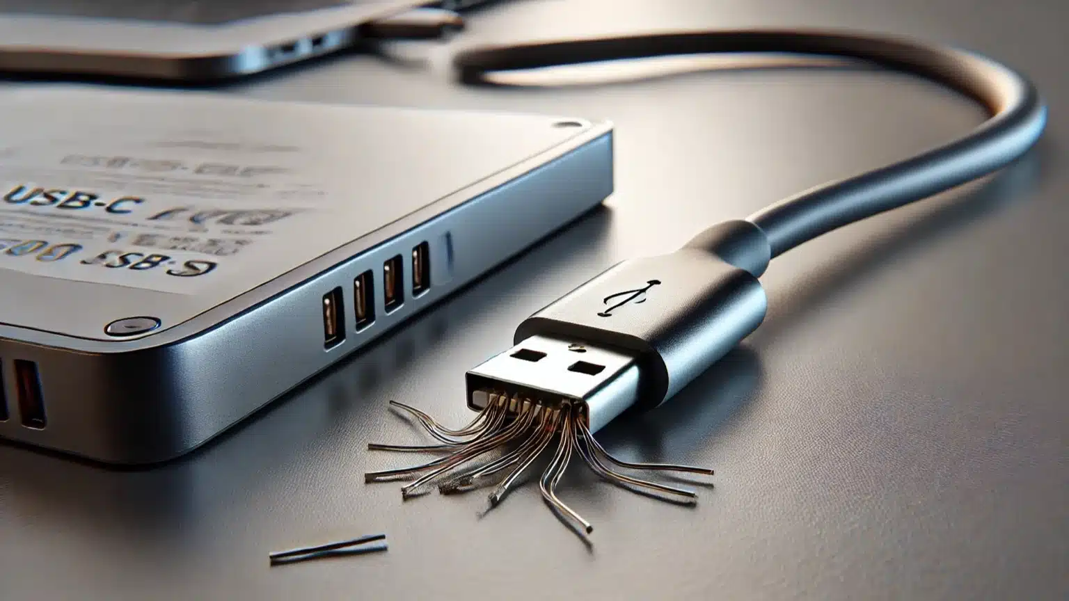 Close-up of faulty USB-C cable causing SSD mount issues.
