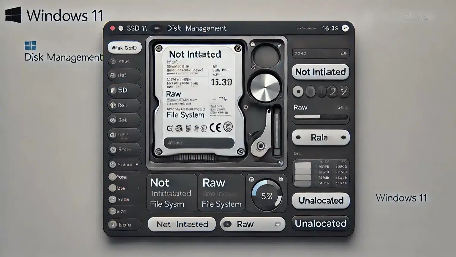 Windows 11 Disk Management showing RAW unmounted SSD.