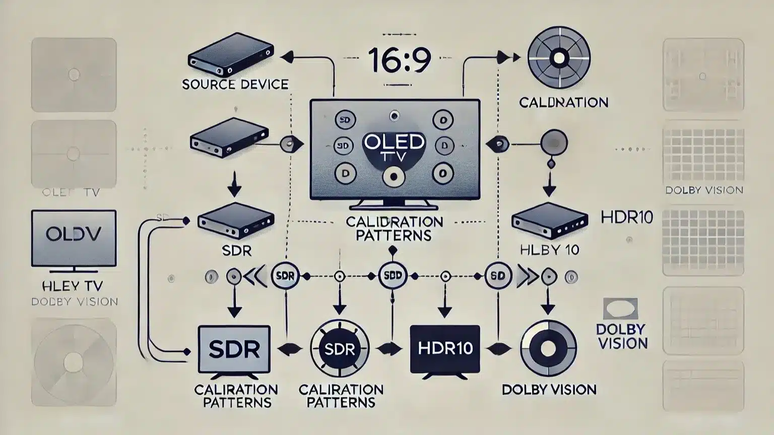 Diagram showing OLED TV HDR and Dolby Vision calibration workflow