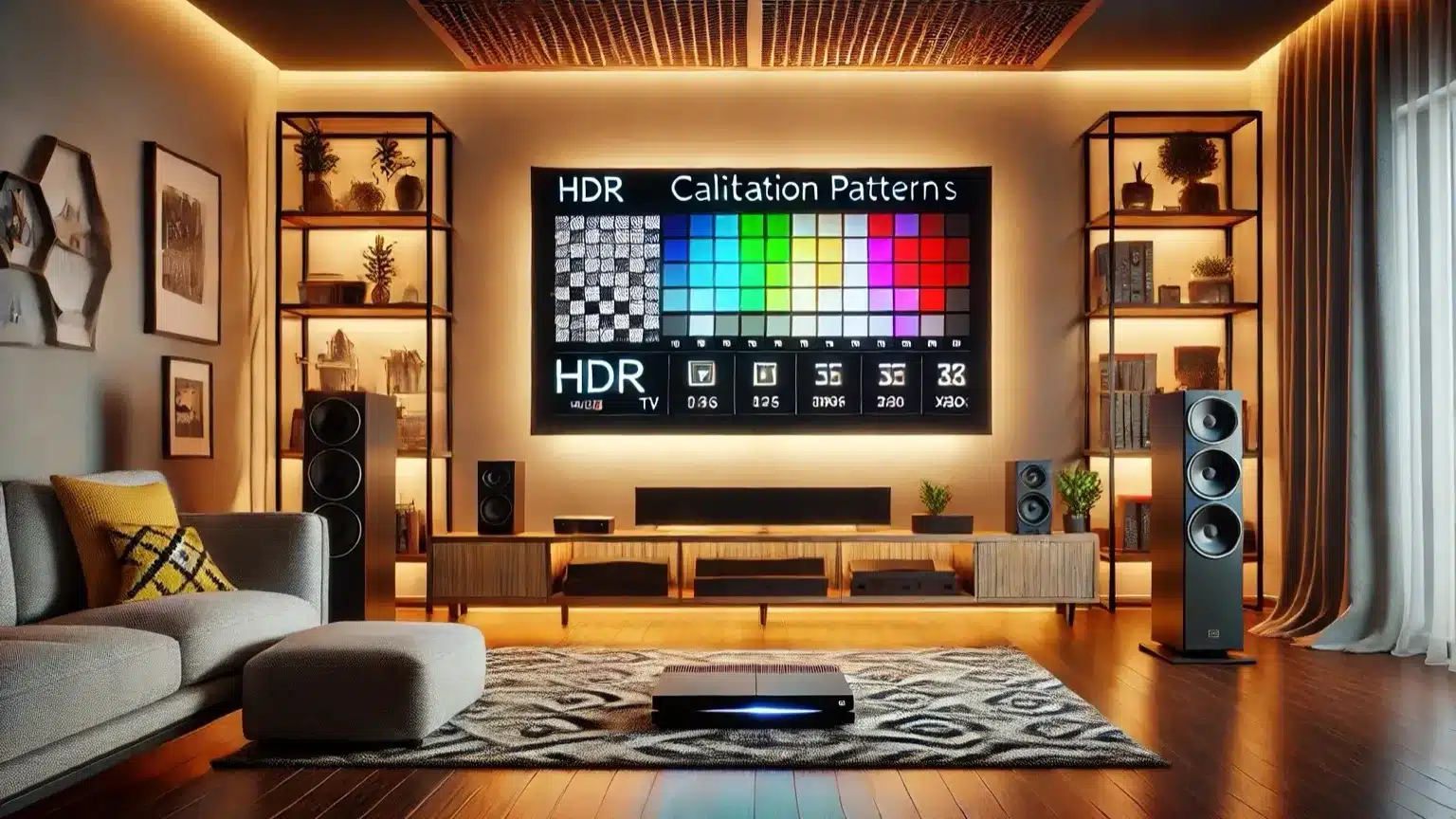 OLED home theater setup with HDR calibration patterns