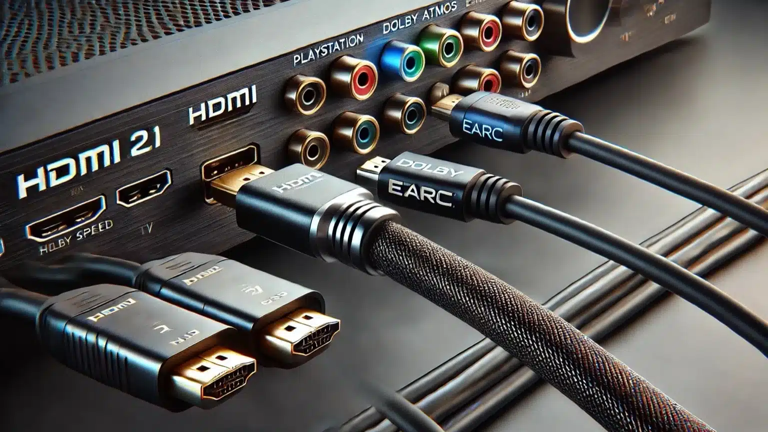 Close-up of HDMI 2.1 and eARC connections between TV, soundbar and console.