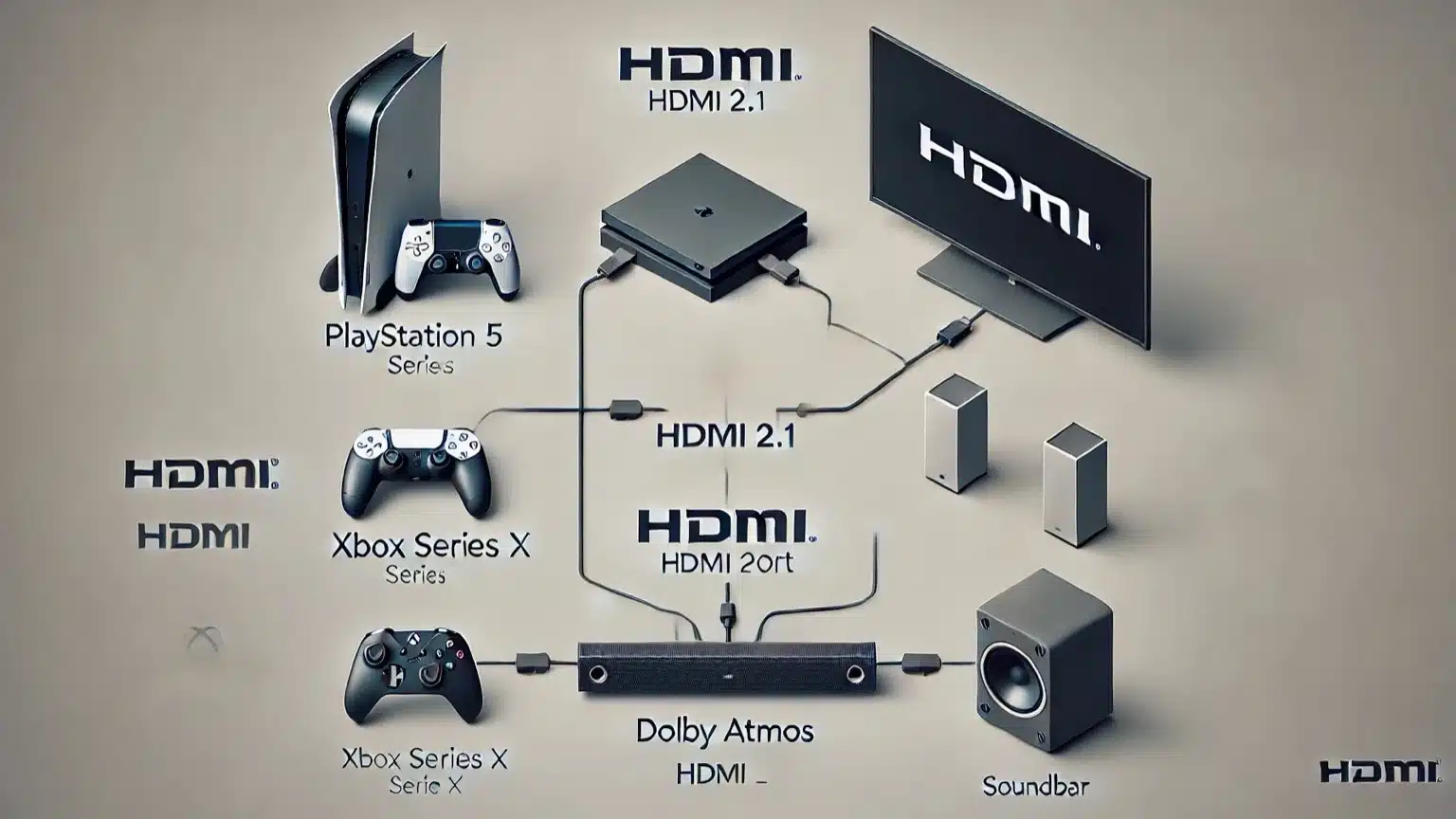 Diagram showing correct HDMI layout between TV, soundbar and gaming consoles.