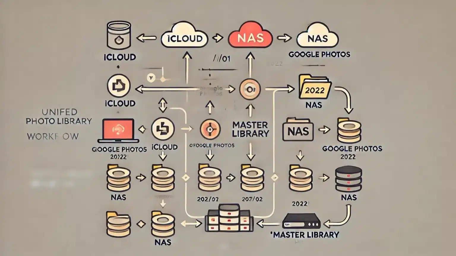 Diagram showing the workflow for unifying photo libraries into one master archive