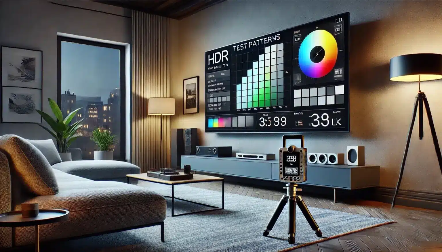 Mini-LED TV calibration setup with HDR test patterns in a modern living room