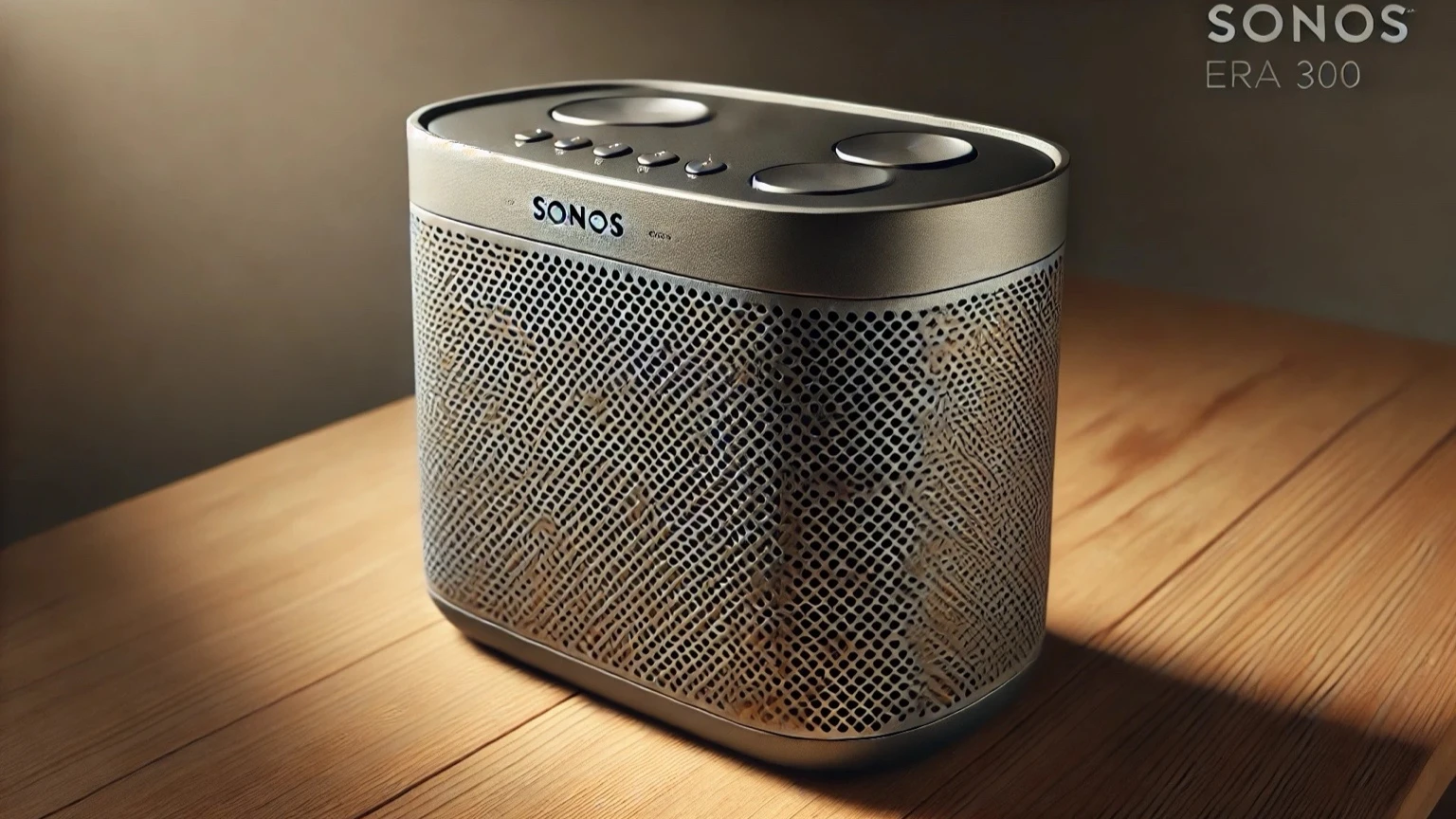 Close-up of Sonos Era 300 2026 Edition immersive speaker on wooden surface