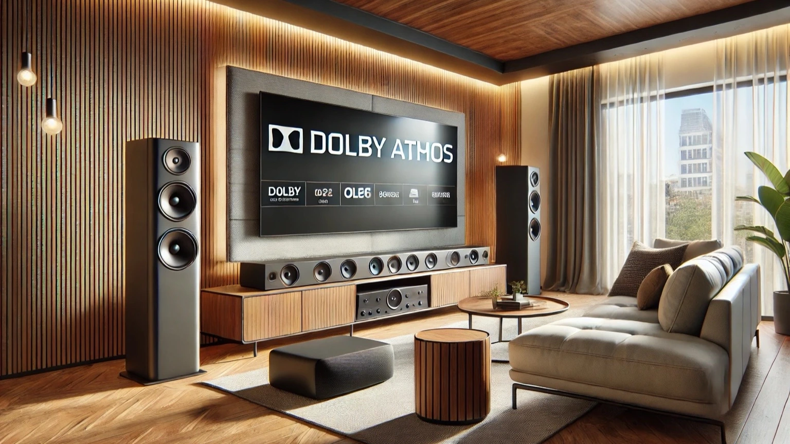 Dolby Atmos soundbar and speakers creating immersive surround setup with OLED TV