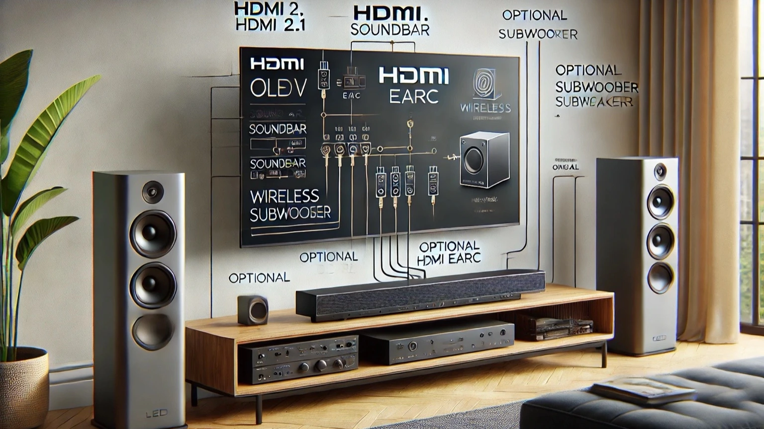 HDMI eARC connection diagram between OLED TV, soundbar, subwoofer and consoles