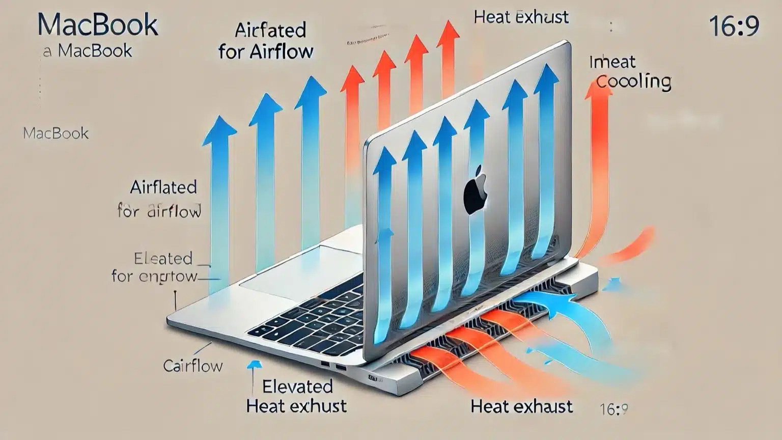 Diagram showing proper MacBook airflow to reduce overheating during calls.
