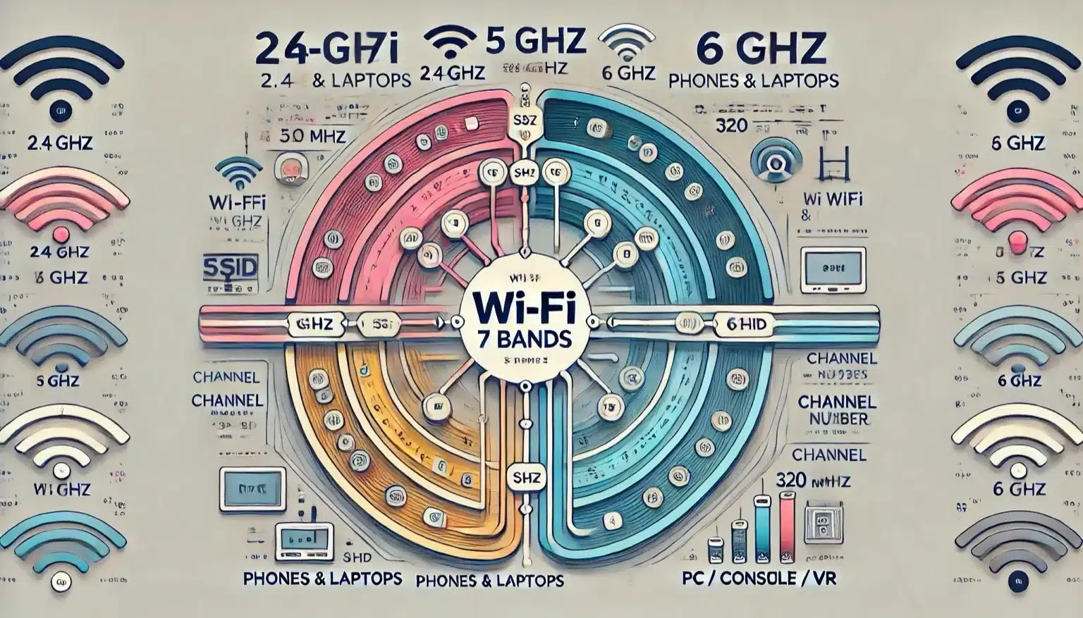 Wi-Fi 7 band and channel diagram for 2.4 GHz 5 GHz and 6 GHz