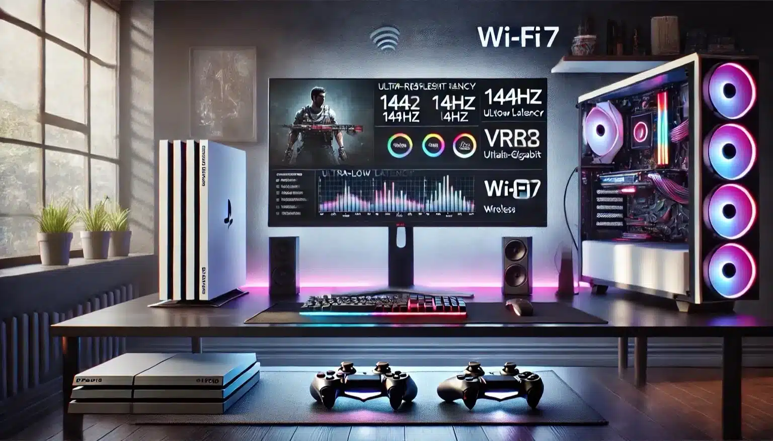 Wi-Fi 7 gaming setup with low latency PC and console connection
