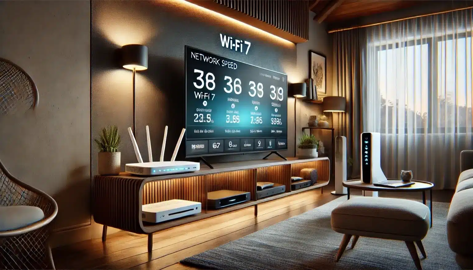 Wi-Fi 7 router and devices in a modern living room multi-gigabit setup