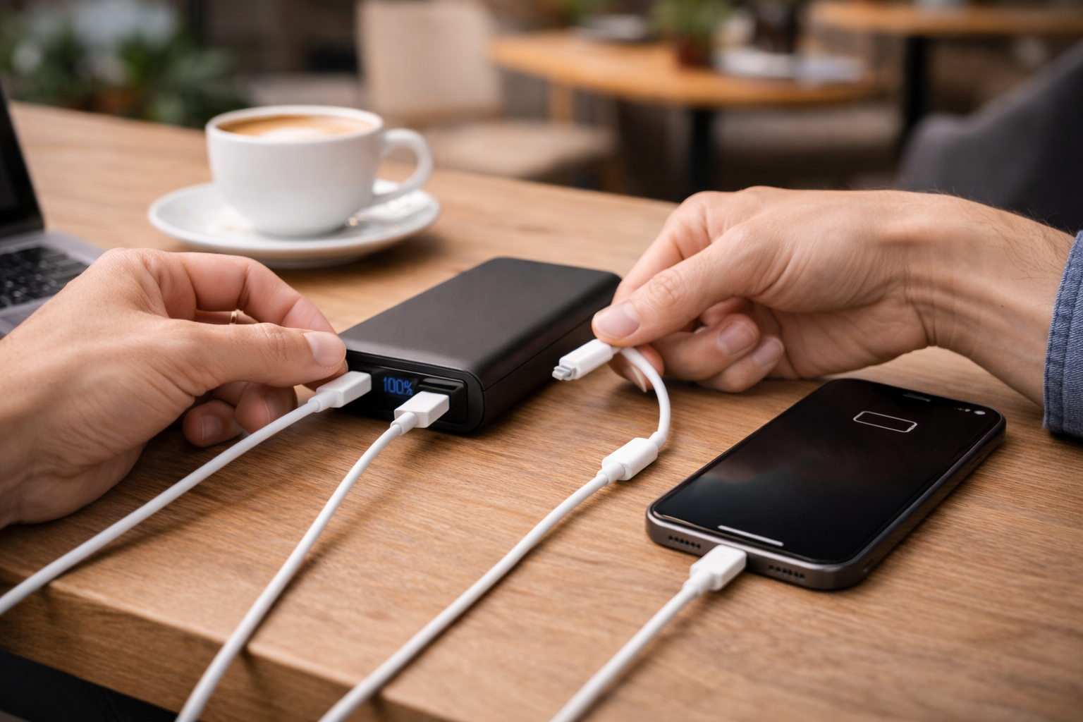 User trying different cables to charge an iPhone from a power bank.