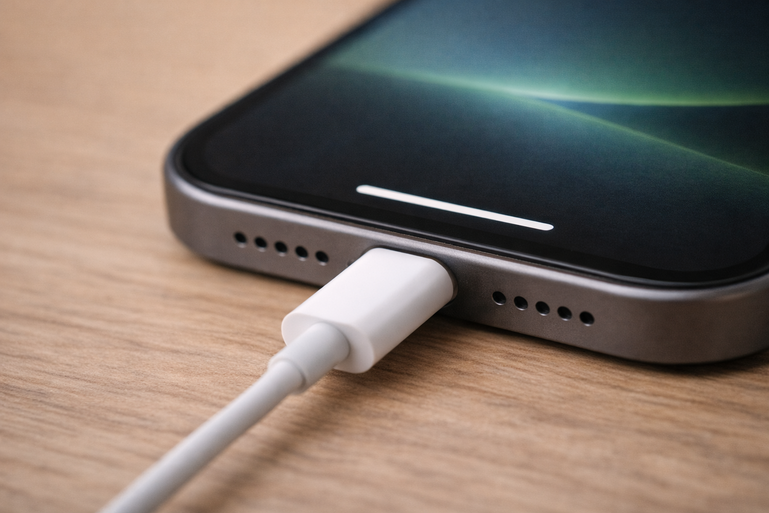 Close-up of an iPhone charging cable connected to the phone during slow charging.