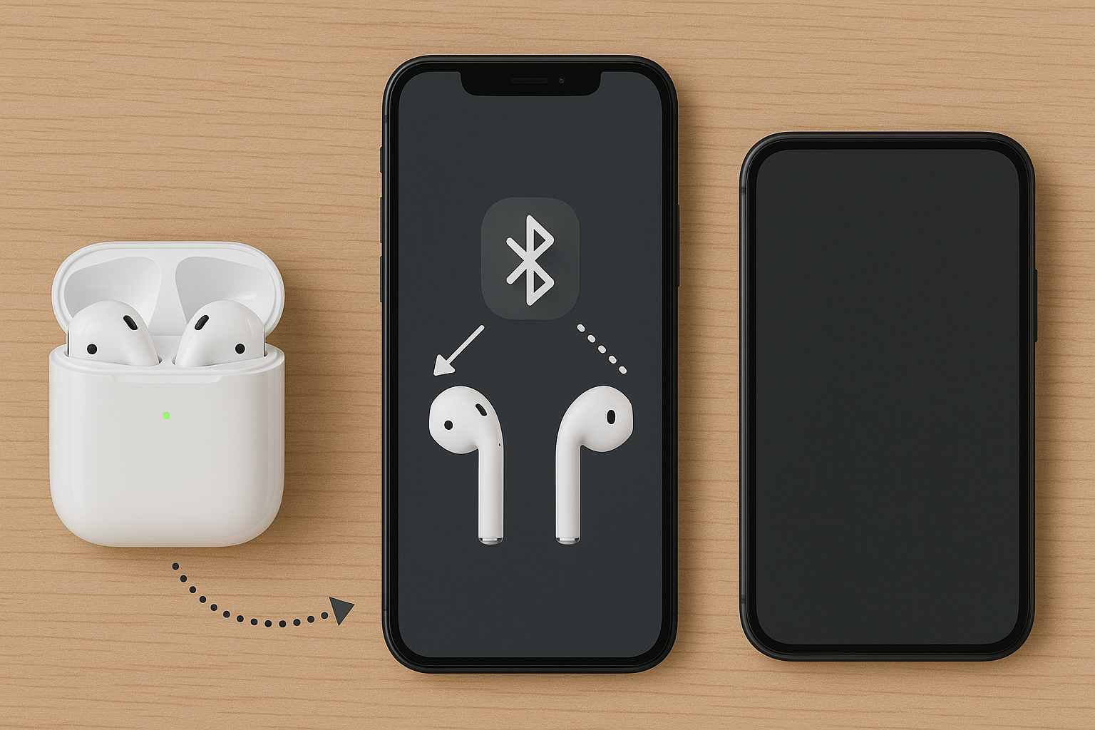 Diagram-style photo showing AirPods, an iPhone and another Apple device arranged to illustrate automatic Bluetooth connection flow