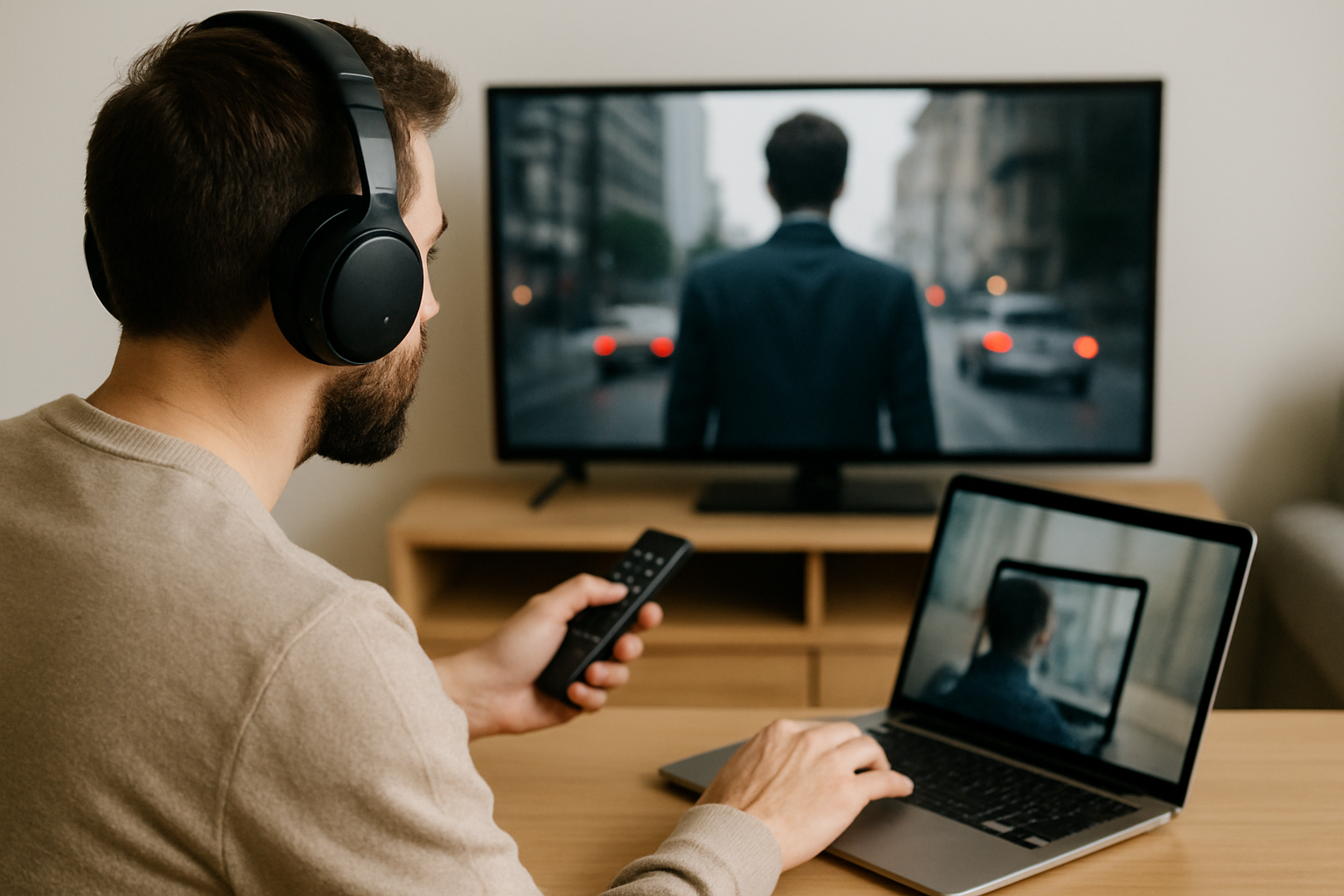 User testing Bluetooth audio sync on a TV and laptop while wearing wireless headphones