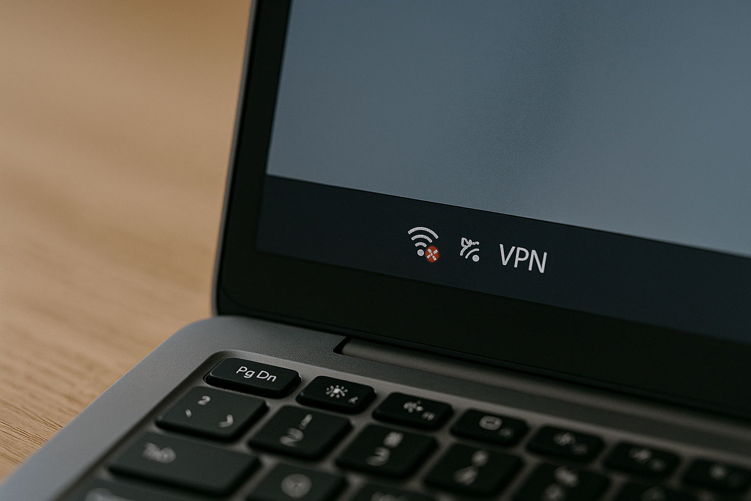 Close-up of Windows 11 laptop network status showing VPN enabled and no internet connection indicator.
