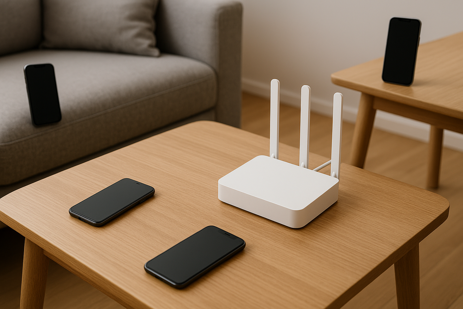 Home Wi-Fi setup illustrating iPhone disconnection and reconnection flow