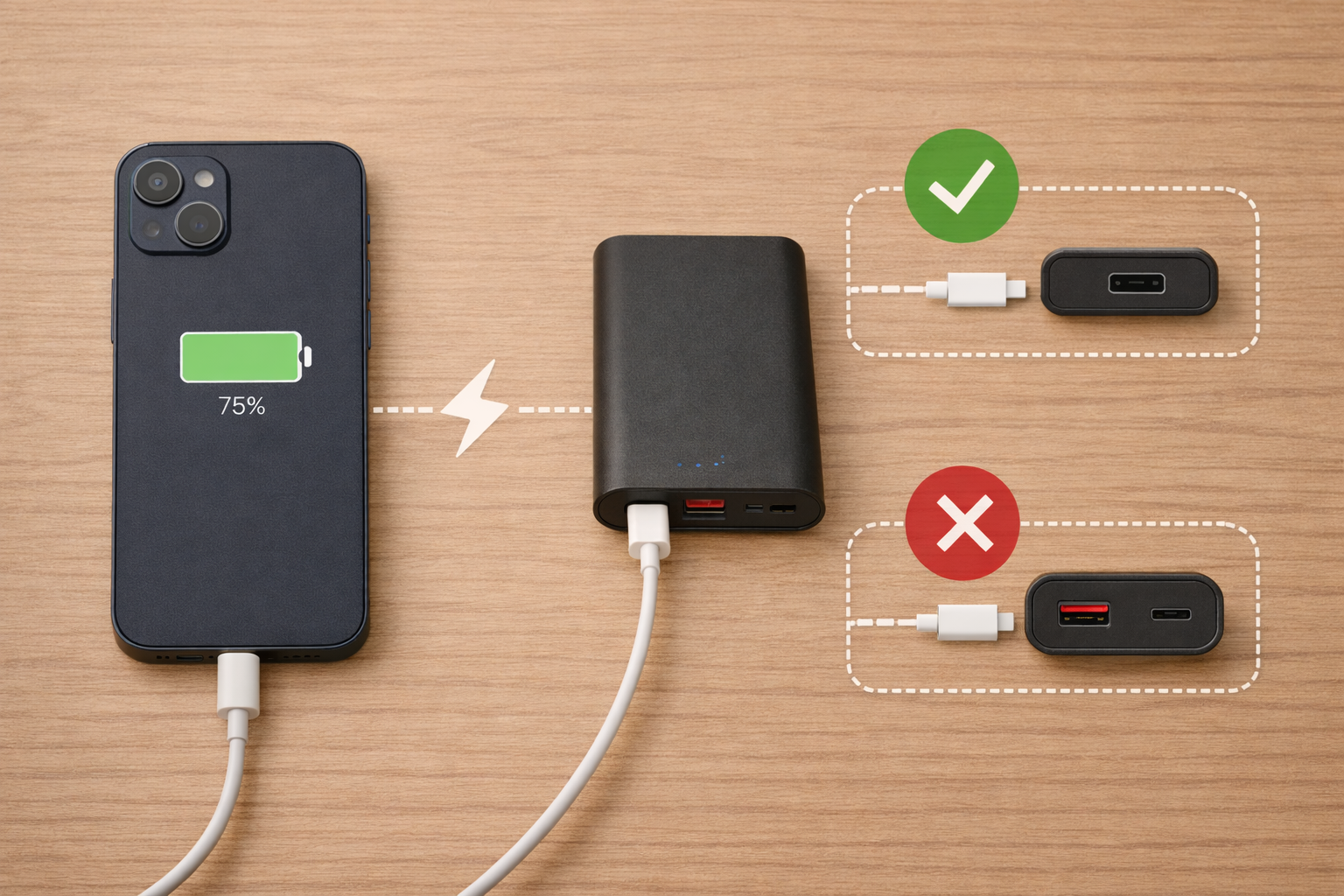 Diagram-style photo showing correct and incorrect USB-C power bank connections when charging an iPhone
