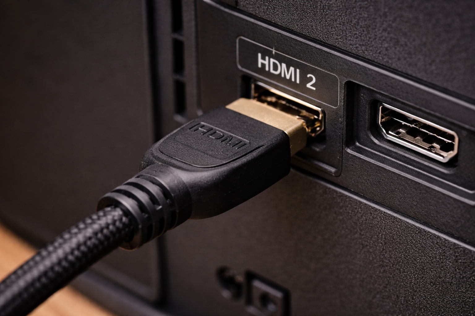 Close-up of an HDMI cable firmly connected to a TV input port.
