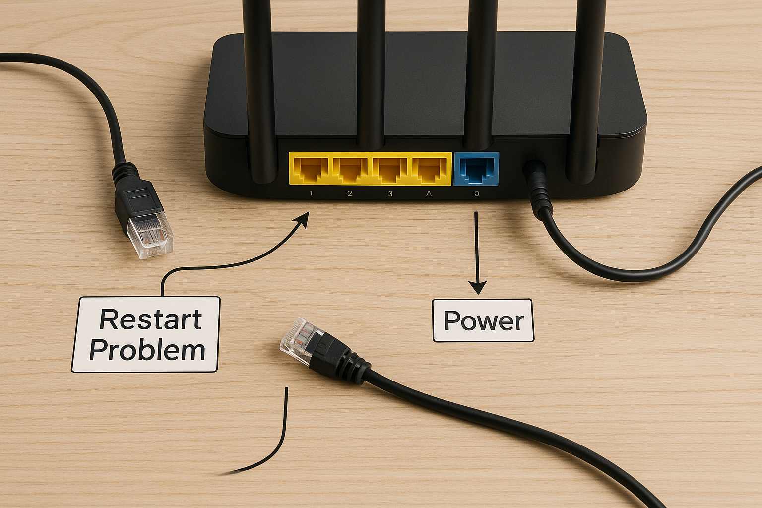 Diagram-style photo showing router ports, cables and power connection layout to illustrate nightly restart troubleshooting