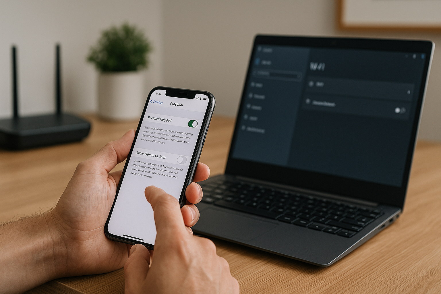User checking iPhone Personal Hotspot settings while Windows laptop searches for it