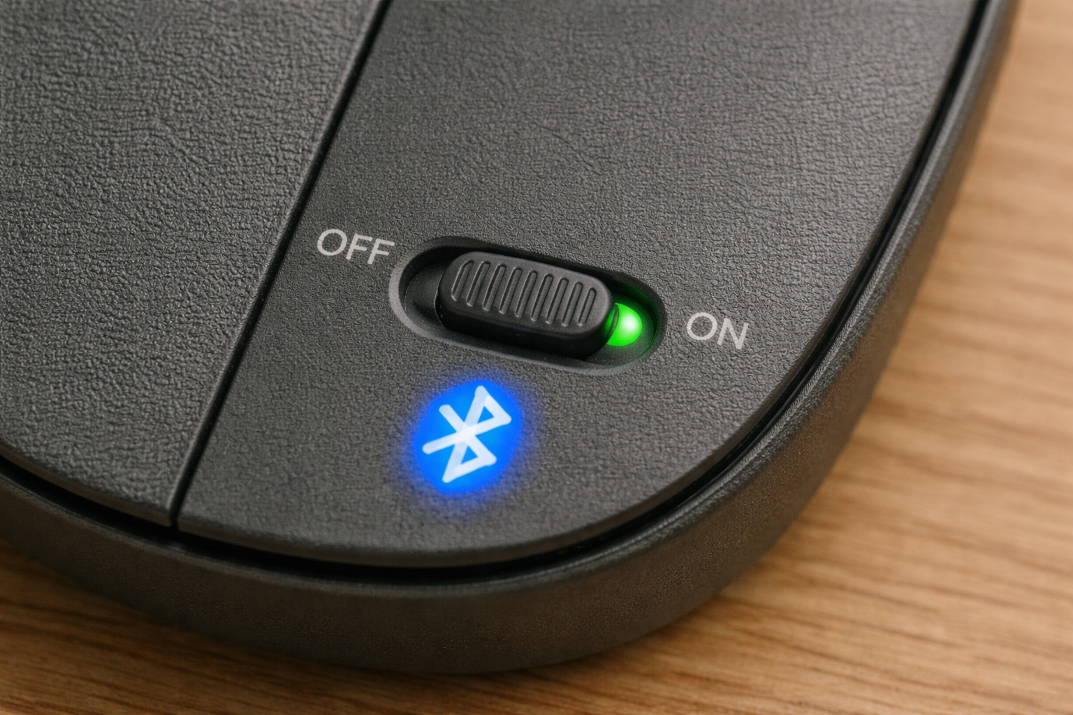 Close-up of a Bluetooth device power switch and indicator light while diagnosing wireless interference