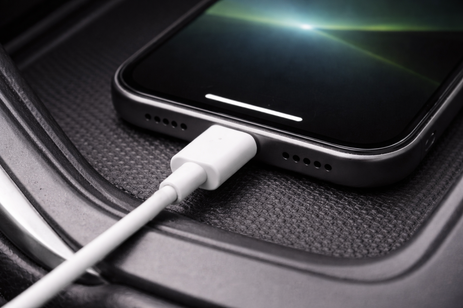 Close-up of a phone charging cable connected inside a car, focusing on the port and connector.