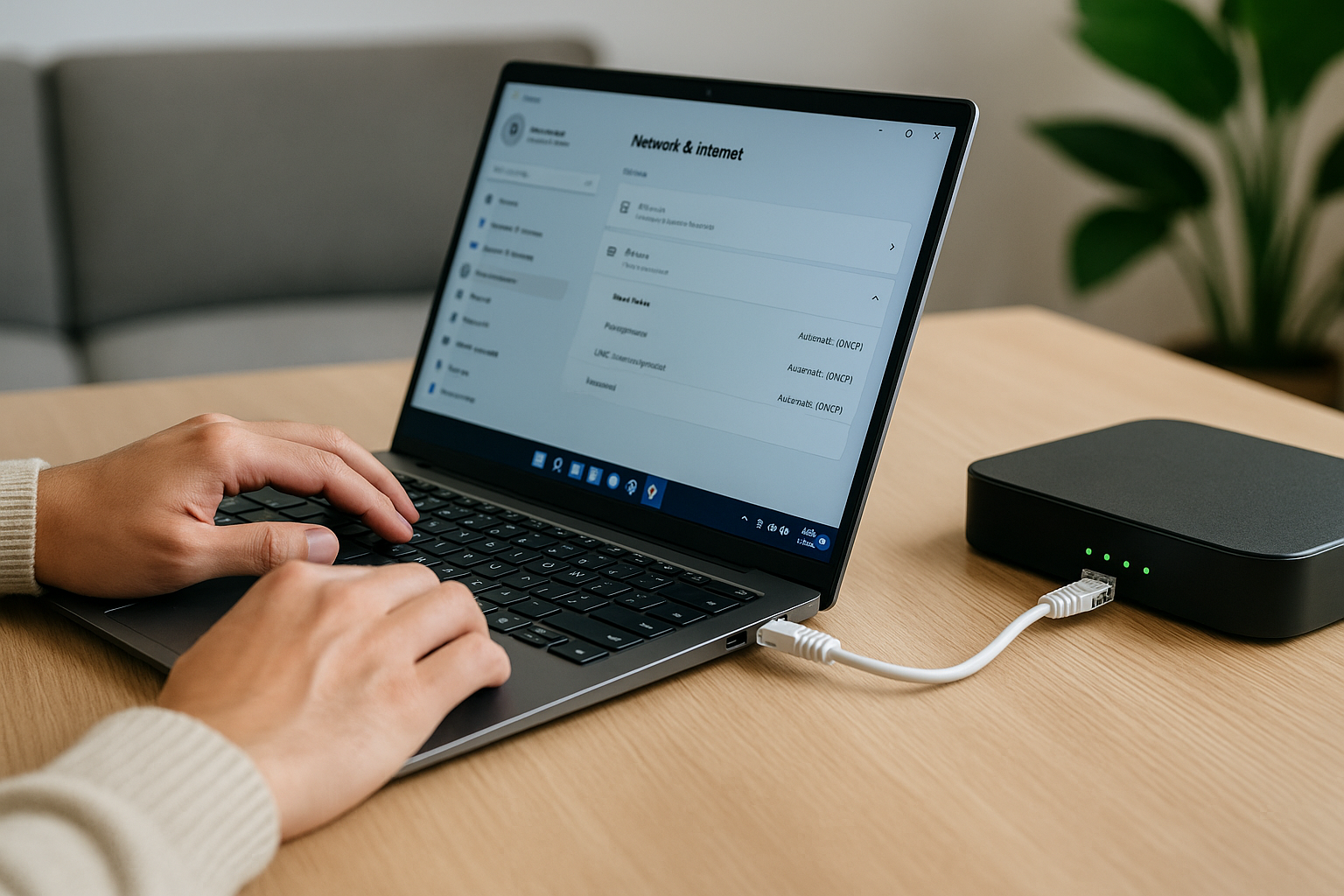 Close-up of Ethernet cable connected to a Windows 11 laptop