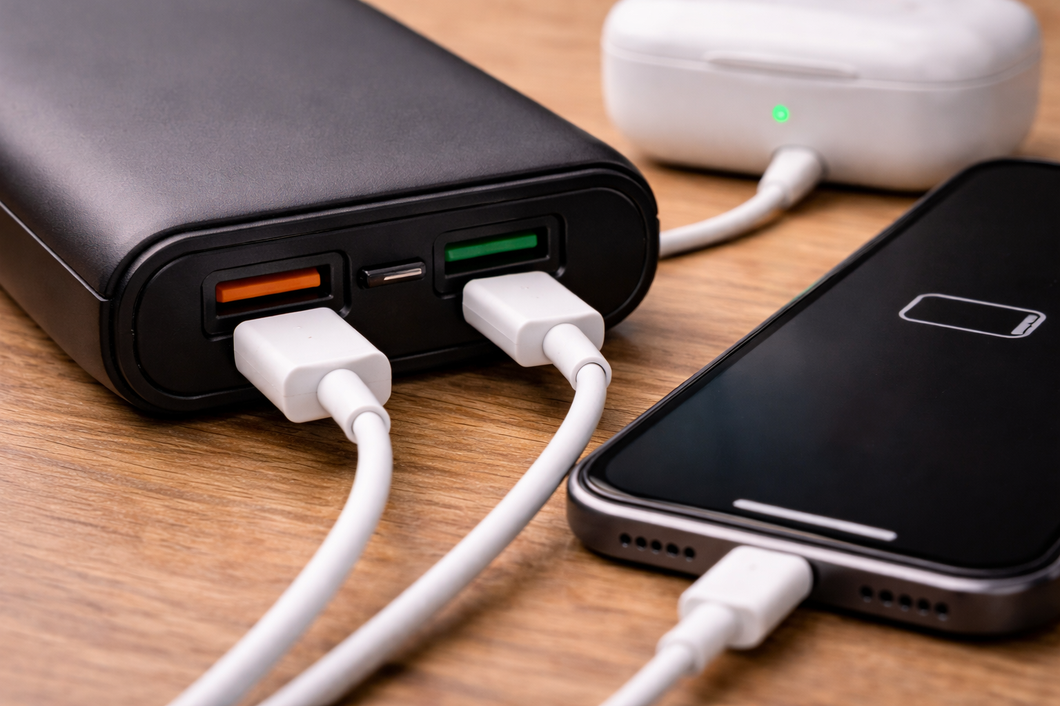 Close-up of a power bank output ports showing an iPhone not charging while another device does