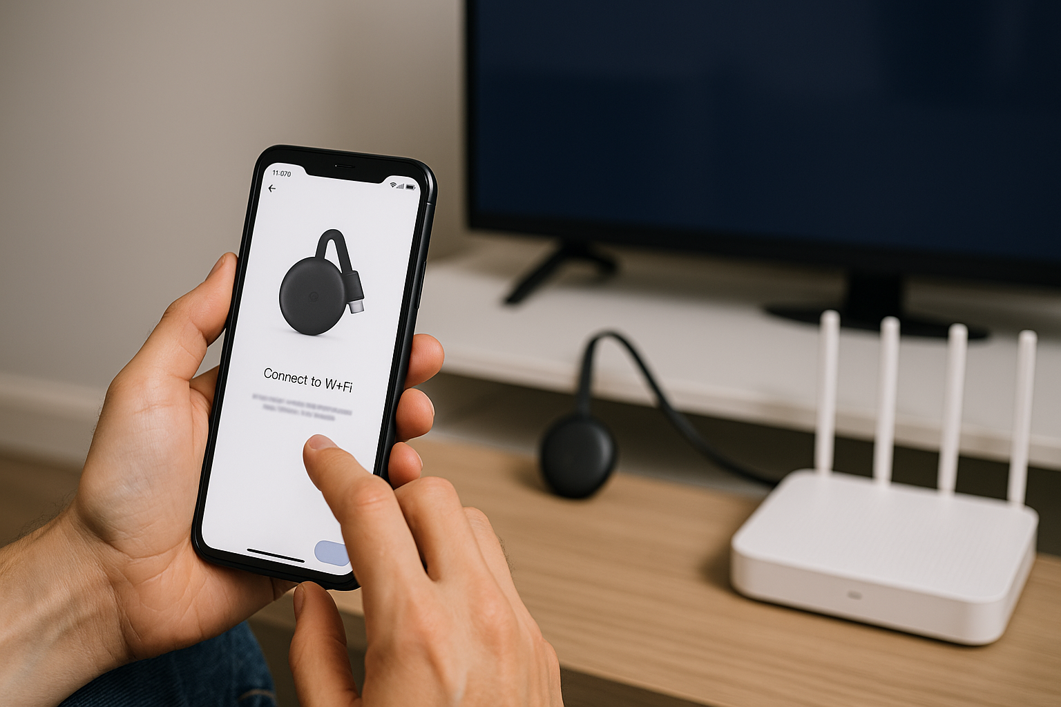 Person attempting to connect Chromecast to home Wi-Fi using a smartphone