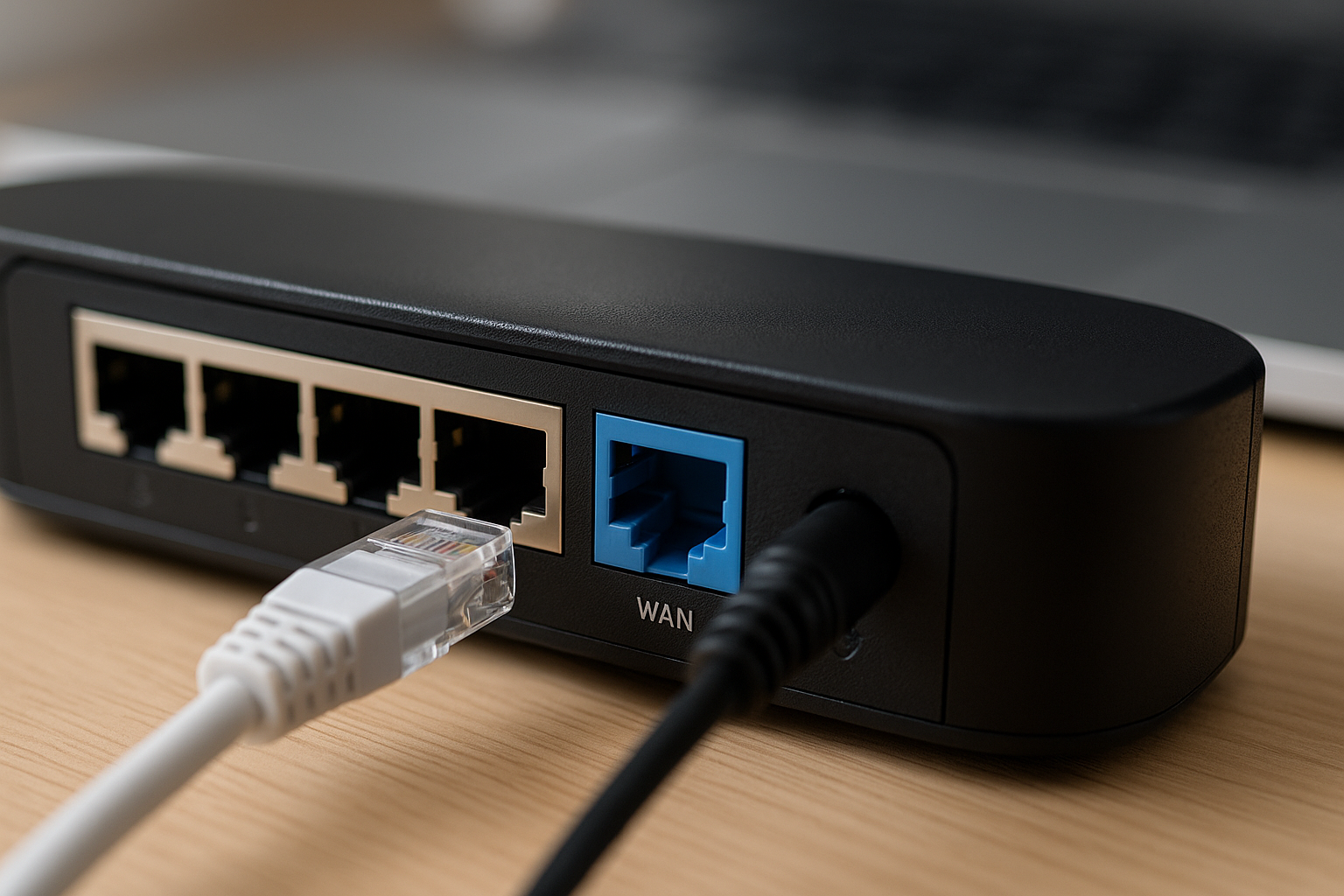 Close-up of router ports and cables during network diagnostics