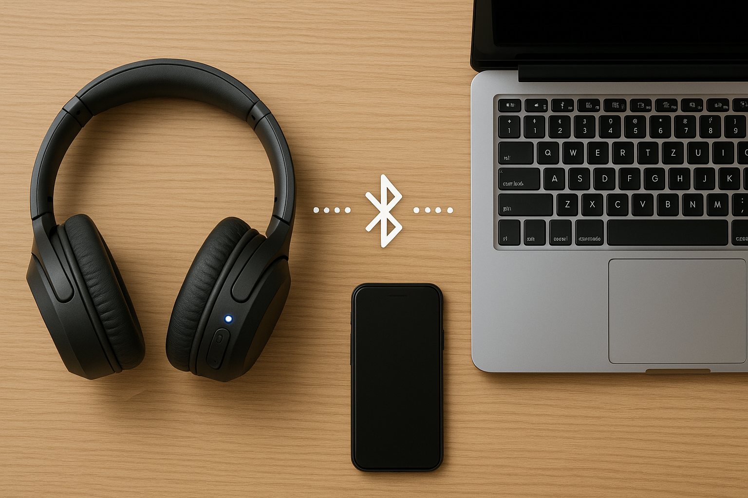Diagram-style photo showing how Bluetooth headphones connect to a laptop and smartphone