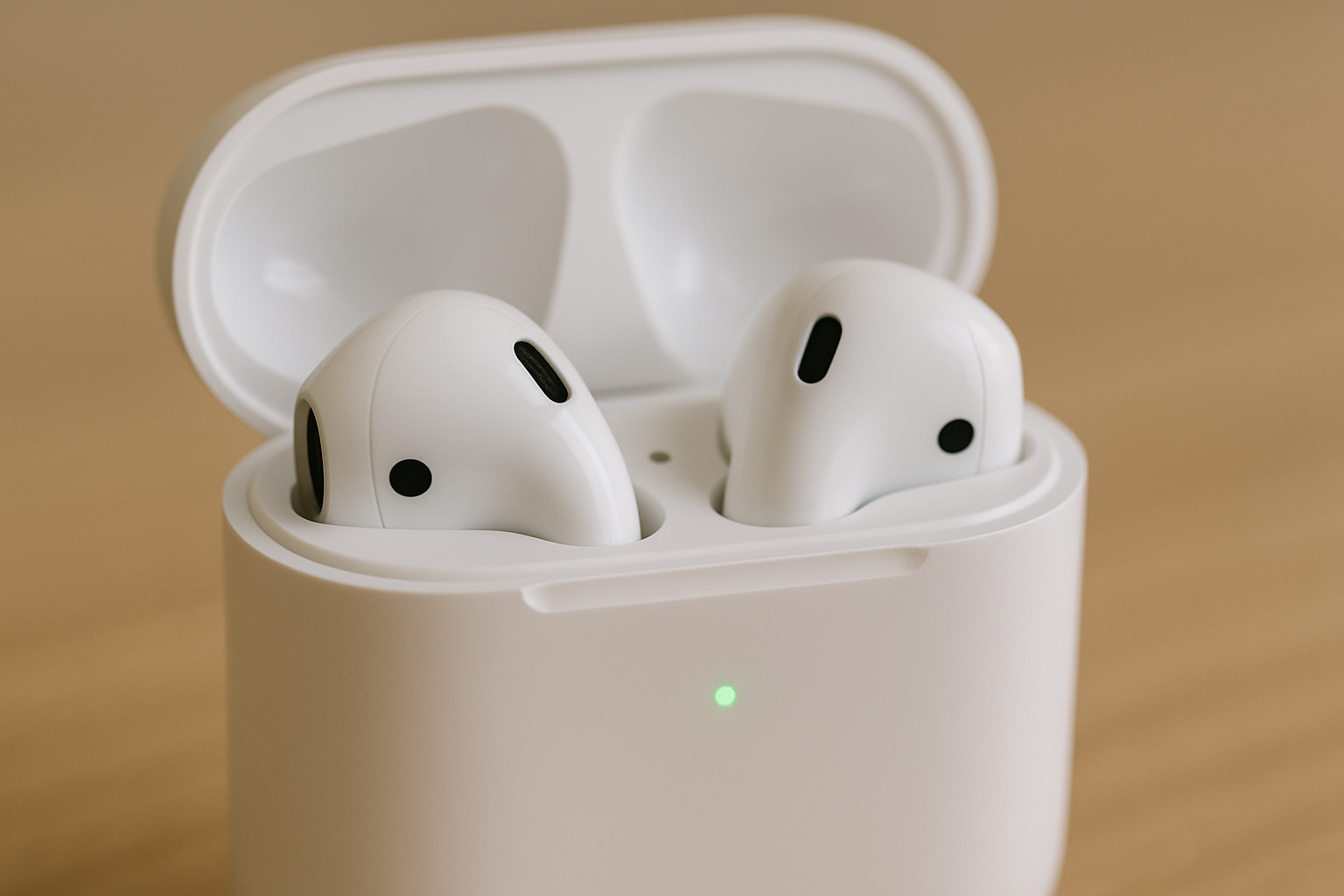 Close-up of AirPods inside the charging case showing the earbuds and status indicator during connection troubleshooting