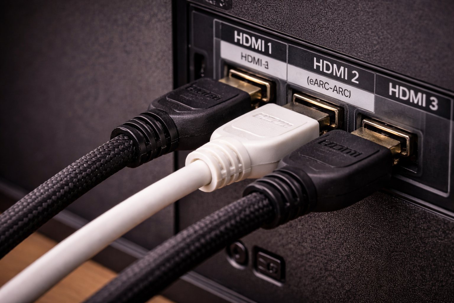 Close-up of multiple HDMI cables connected to different input ports on the back of a TV.