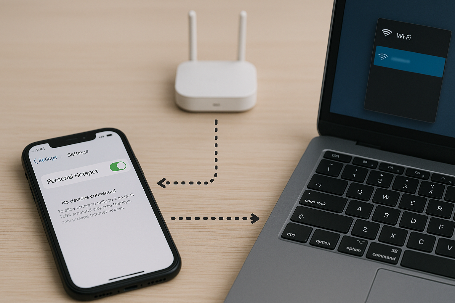 Diagram-style photo showing iPhone, Windows laptop and connection flow setup