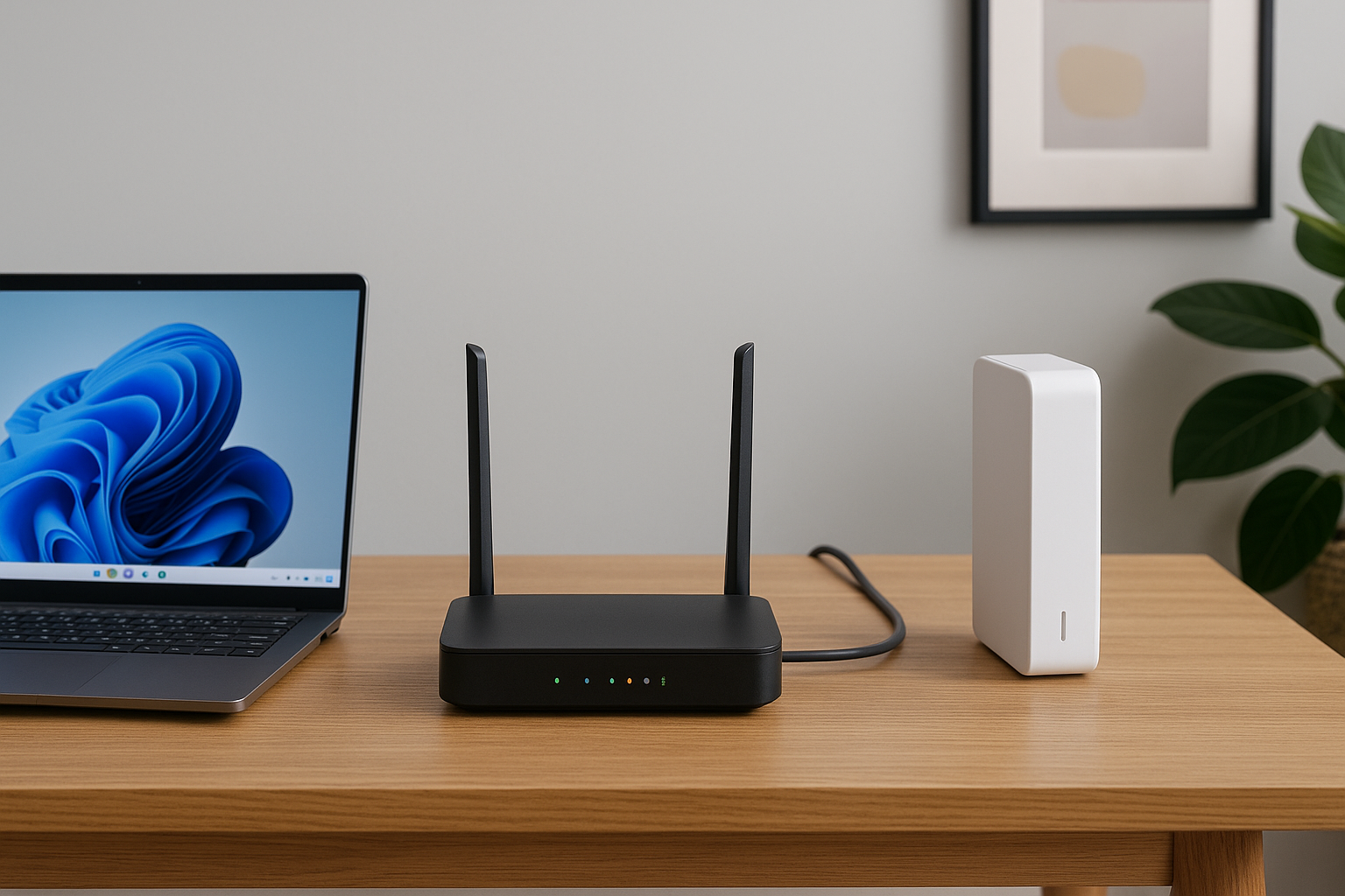 Physical network layout showing modem, Wi-Fi router, and Windows 11 laptop illustrating where a VPN can disrupt internet connectivity.