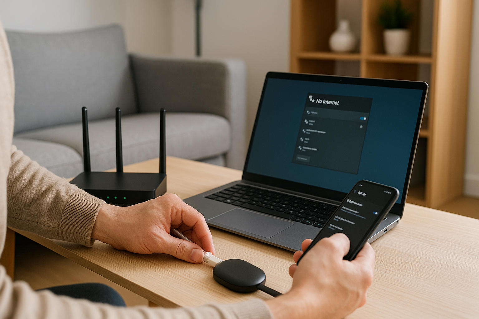 Person troubleshooting home Wi-Fi by checking router and device settings