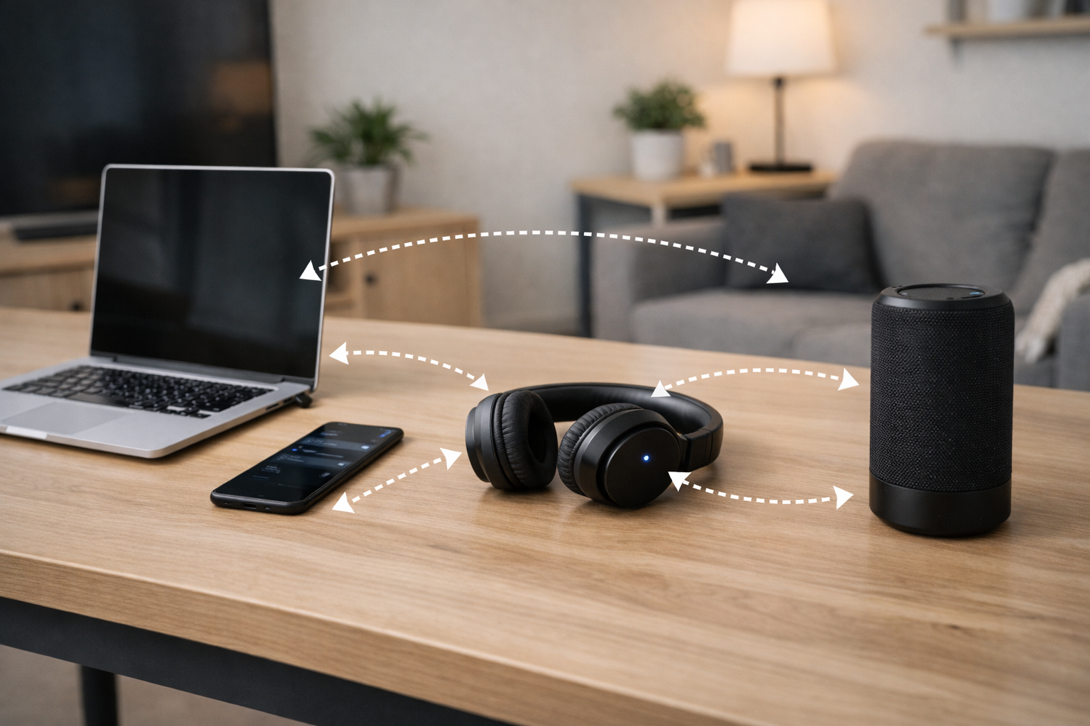 Physical layout showing how Bluetooth audio devices connect wirelessly in a home setup.