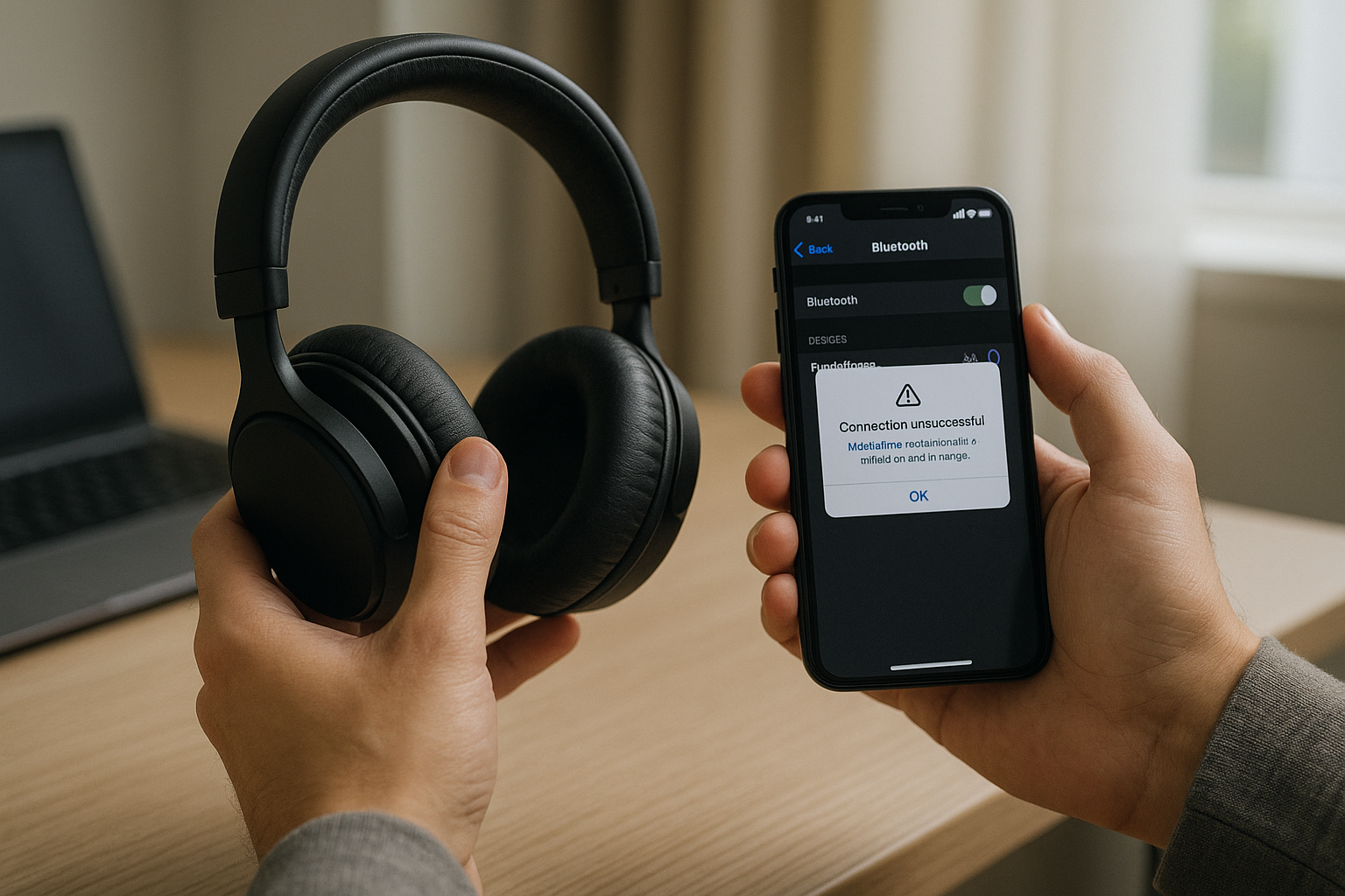 User troubleshooting Bluetooth headphone connection on a device