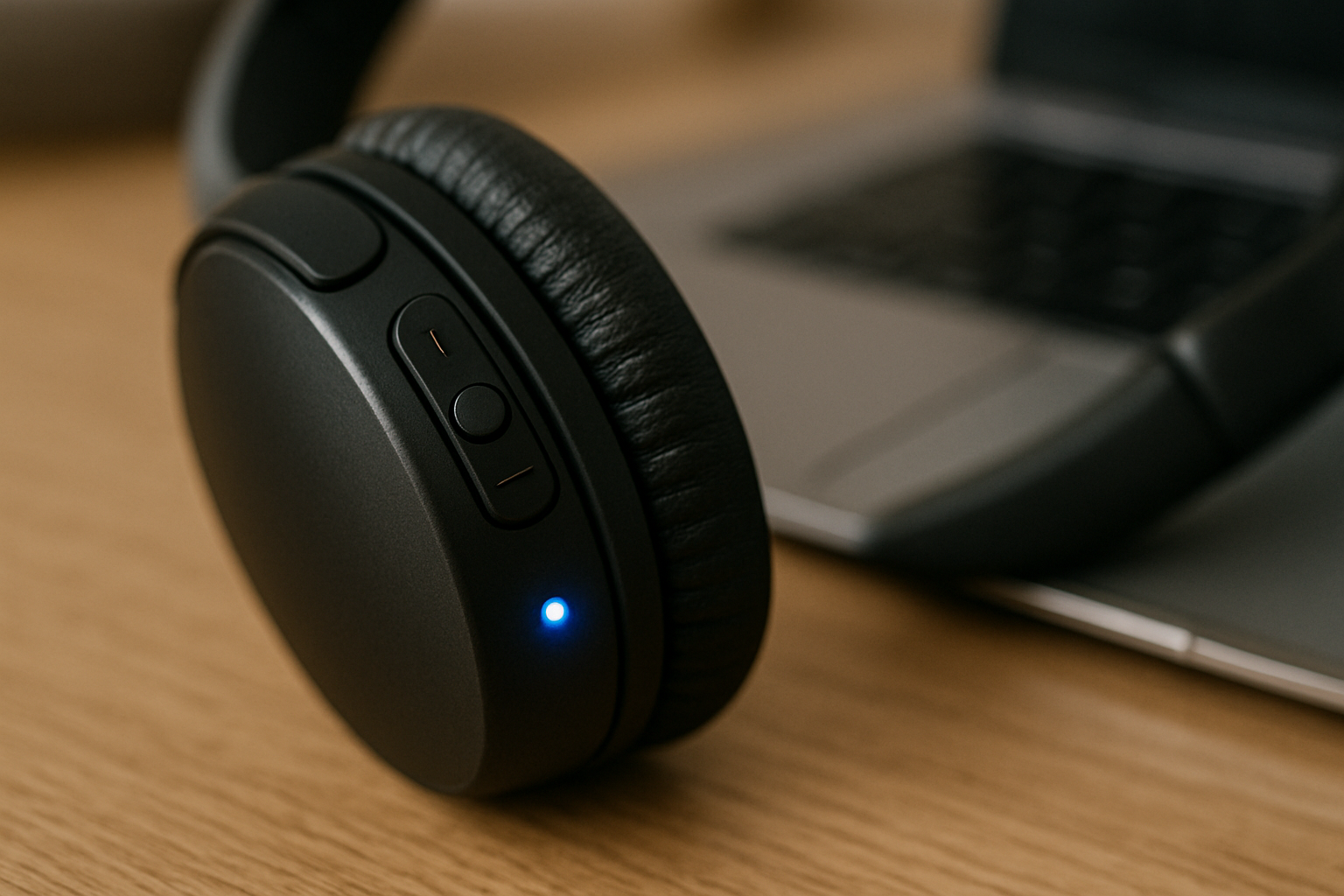 Close-up of Bluetooth headphone controls and indicator light while diagnosing audio latency issues