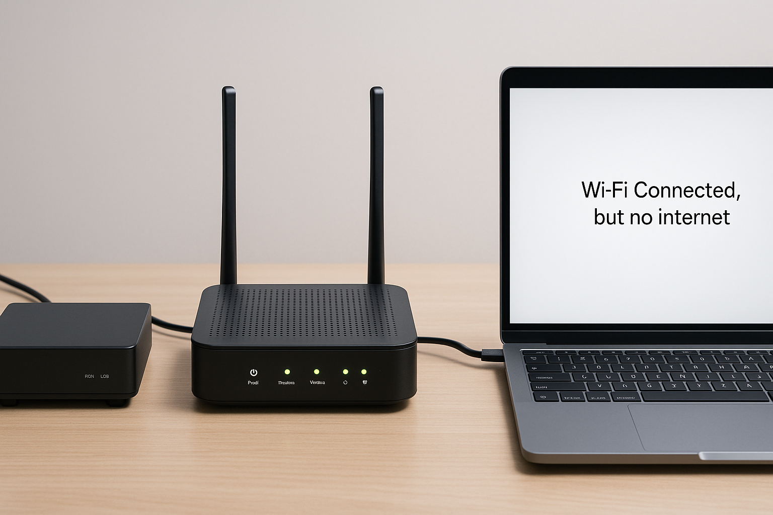 Physical layout showing modem, router and laptop where Wi-Fi is connected but internet is not working