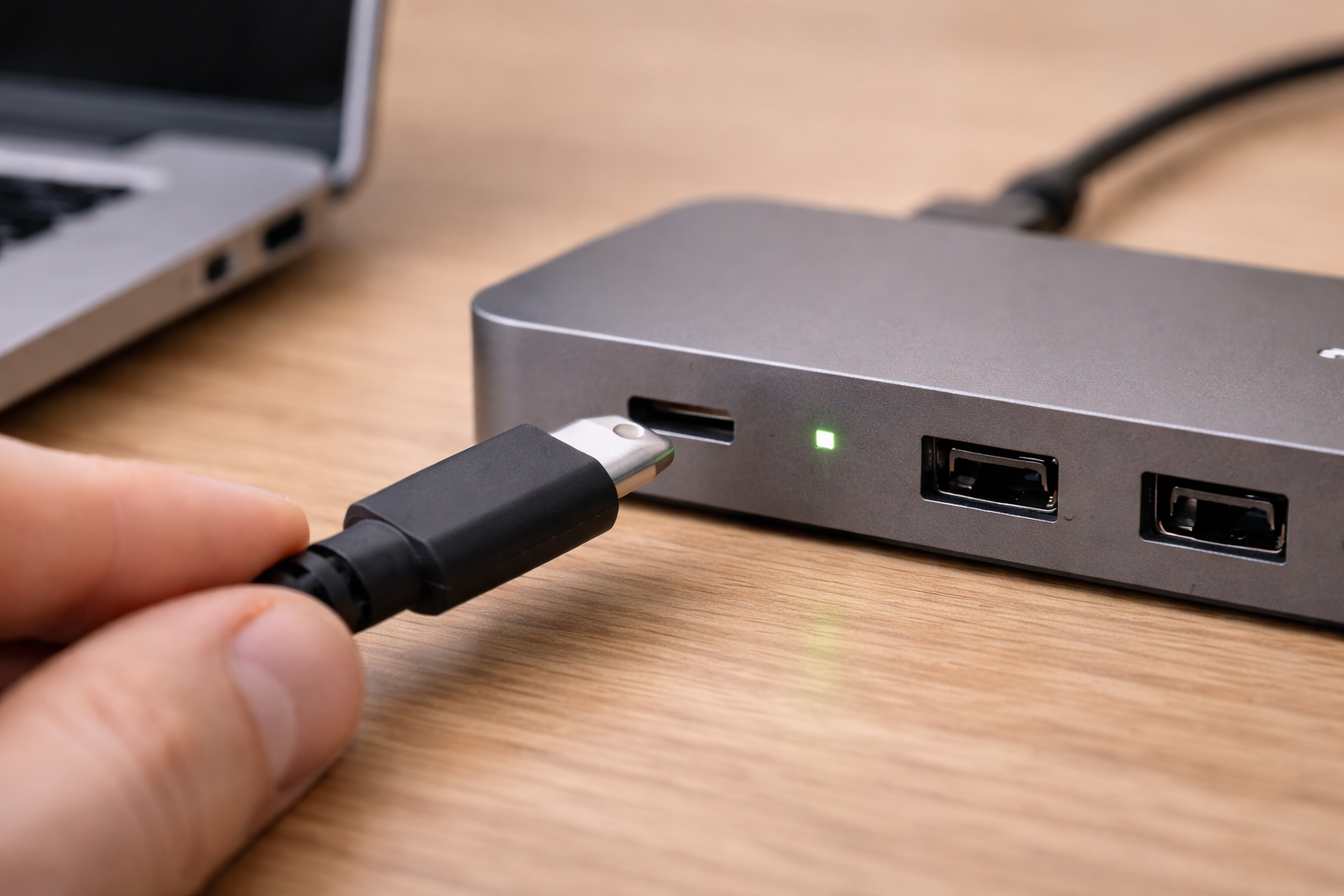 Close-up of a USB-C cable and dock power indicator during charging diagnostics.