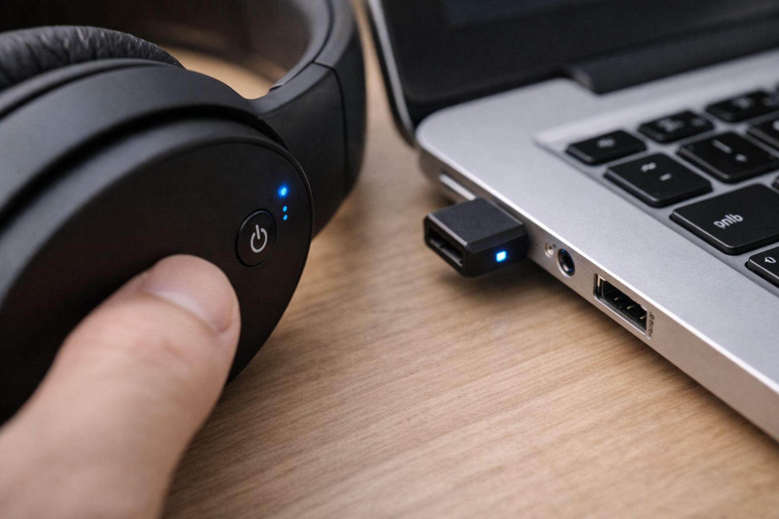 Close-up of Bluetooth headphones and audio connection indicators during troubleshooting.